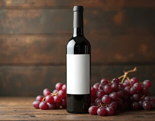 Obraz premium Dark glass wine bottle with blank label stands on rustic wooden table beside fresh red grapes. Classic still life composition with aged beverage ingredient for tasting, dining, or kitchen preparation.