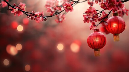 Chinese New Year Celebration Lanterns, Blossoms, and Festive Charm