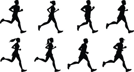 Diverse runners in motion black silhouettes on white background running athletes