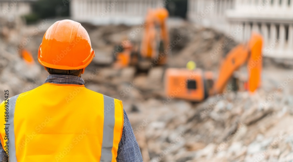 Poster dedicated construction worker analyzing and overseeing progress at a busy construction site for new 