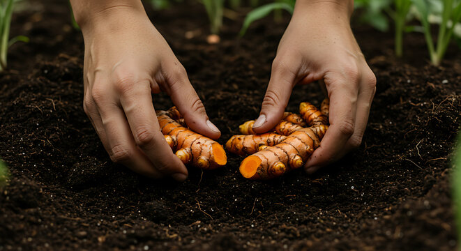 Hands planting fresh turmeric roots in fertile soil for cultivation and sustainable agriculture. - Powered by Adobe
