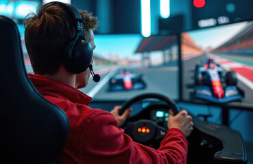 Obraz premium Man wearing headphones focuses intensely on racing simulation game displayed on multiple monitors. Grips steering wheel, engrossed in high-speed virtual competition. Technology drives fast-paced