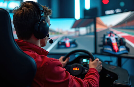 Man wearing headphones focuses intensely on racing simulation game displayed on multiple monitors. Grips steering wheel, engrossed in high-speed virtual competition. Technology drives fast-paced