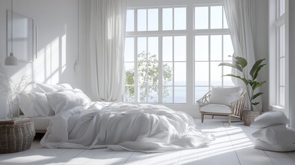 Serene White Bedroom Escape Experience Tranquility and Coastal Views in a Light-Filled Space. 