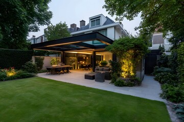 Modern house patio with glass pergola at dusk.