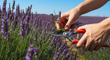 Close-up of hands harvesting fragrant lavender flowers in a blooming field under a clear blue sky