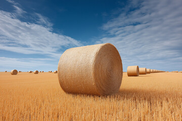 Round hay bale in harvested golden wheat field under blue sky