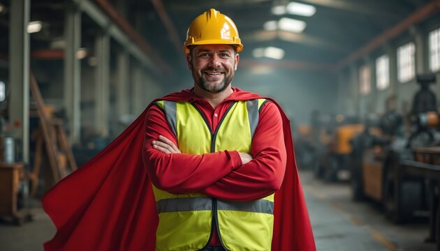 Industrial worker in factory wears red cape yellow safety vest, hard hat. Confident man represents manufacturing strength, empowerment, dedication. Represents skilled labor, heroism in industrial