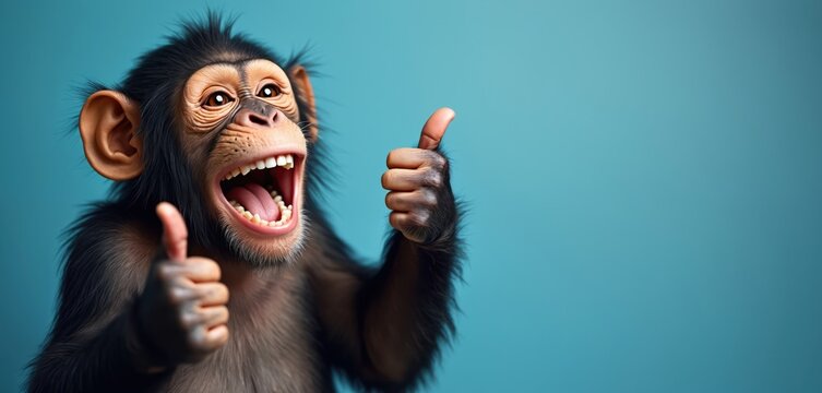 Chimpanzee giving thumbs up gesture. Funny monkey with open mouth, clean teeth smiles widely on blue background. Primate expresses happiness, positivity, useful for conveying approval success in