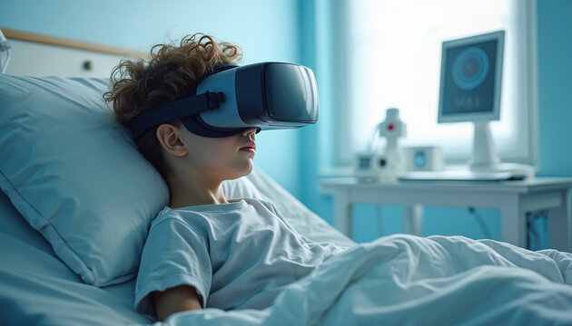 Young boy in hospital bed uses virtual reality headset for therapy, recovery. Innovative medical technology aids healing process in children hospital room. Advances in healthcare offer immersive