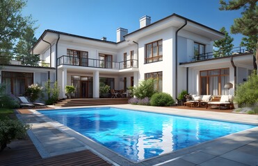 Fototapeta premium Luxurious house with a swimming pool in a landscaped garden.
