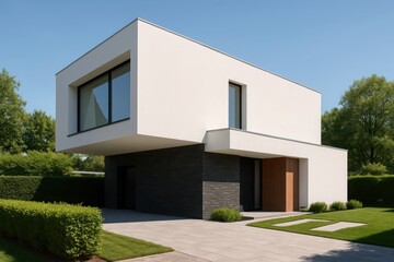 Modern minimalist white cubic house with dark stone facade and manicured green lawn on a sunny day