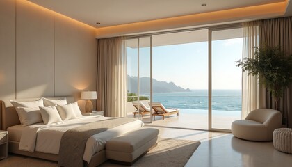 Luxurious bedroom with large bed, plush seating, offering stunning ocean views from outdoor patio. Modern, comfortable, elegant coastal interior design creates calming, peaceful ambiance for
