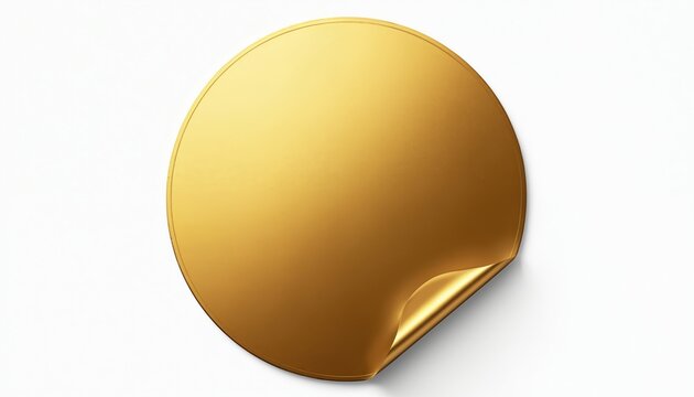 Shiny circular gold sticker with curled corner. Metallic surface reflects light, ideal for custom messages on white background. Offers blank copy space for branding or personalization.