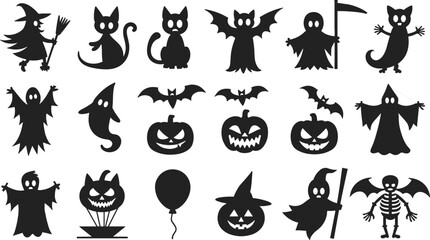 Obraz premium Halloween characters silhouettes witch cat ghost pumpkin bat skeleton vector