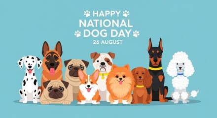 Funny cartoon vector illustration of a group of pet dogs, cats, and a rabbit for a birthday card design