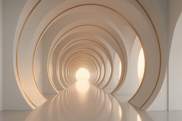 Endless modern architectural tunnel with circular arches and golden trim leading to bright light