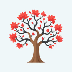 Obraz premium Cartoon tree with red leaves and brown trunk on a light background.