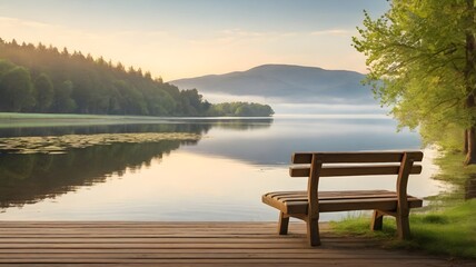 Serene Lakeside Bench at Dawn: Reflections on Calm Waters and Misty Mountains
