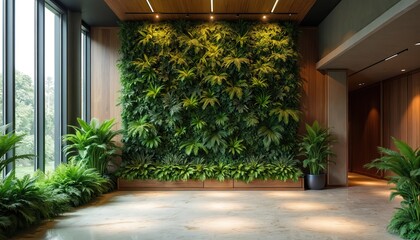 Modern hotel lobby features living green wall with rich ferns and plants. Natural wood paneling and large windows with greenery create biophilic design. Ample natural light illuminates entrance area.