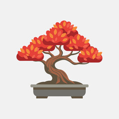 Fototapeta premium Bonsai tree with red leaves in a gray pot against a white background.