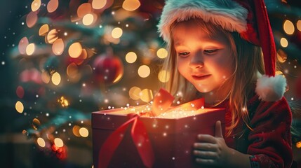 Little boy looking into Christmas box with joyful reaction