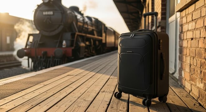 Travel suitcase waits by a vintage steam train on a sunlit platform ready for a classic railway adventure - Powered by Adobe