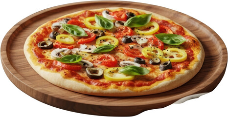 Delicious pizza with tomatoes olives mushrooms and basil on a wooden board transparent background