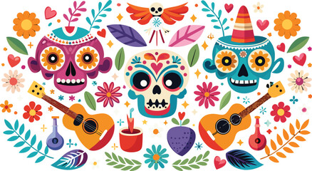 Fototapeta premium Colorful Day of the Dead sugar skulls guitars flowers and hearts vector illustration calavera