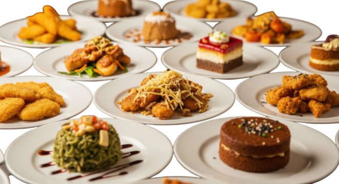 Assortment of fried appetizers savory dishes and sweet desserts on white plates isolate