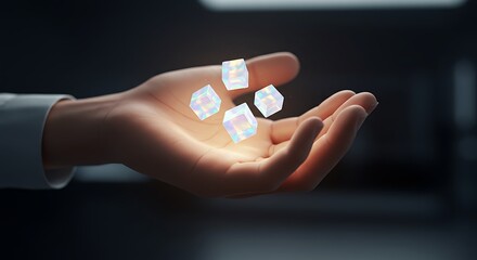 Hand Holding Floating Light Cubes Holographic Effect