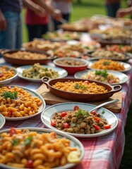 Obraz premium Community potluck picnic feast featuring diverse homemade dishes arranged on checkered tablecloth. Abundant food selections include pasta salads, meats, fresh vegetables, perfect for outdoor