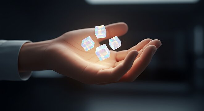 Hand Holding Floating Light Cubes Holographic Effect