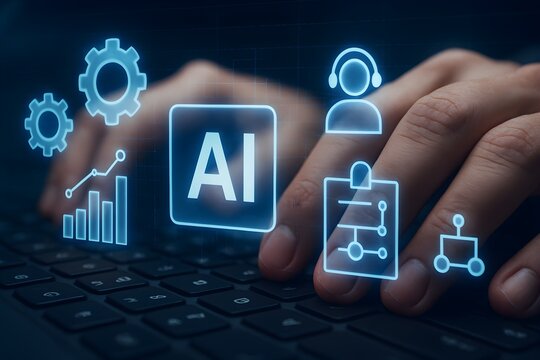 Close up of a person s hands typing on a keyboard with glowing blue ai icons and data visualization graphics appearing on a digital interface