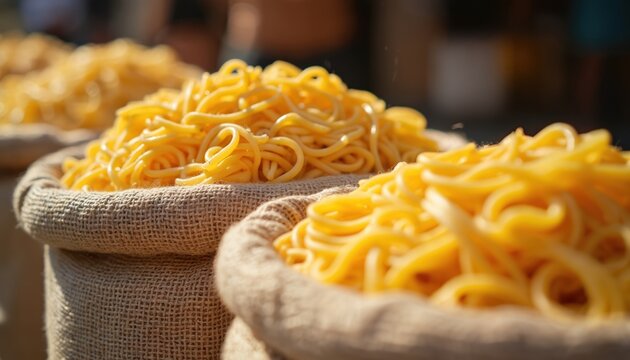 Close-up of fresh raw linguini pasta piled in burlap sacks at an outdoor market. Golden strands of spaghetti and tagliatelle await cooking, suggesting Italian cuisine and homemade ingredients.