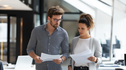 Coworkers discussing documents in modern office