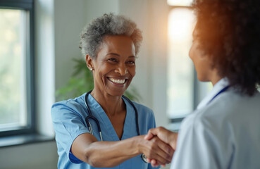 Mature smiling female doctor shakes hands with patient in medical office. Diverse multiracial interaction shows trust, gratitude, compassion. Health care communication, doctor appointment, check-up,