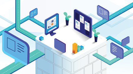Isometric Digital Workplace Illustration with Data Analysis