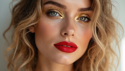 Fototapeta premium Glamorous woman with golden eyeshadow and vibrant red lips. Curly blonde hair frames face. Elegant fashion portrait showcasing luxury makeup, chic style, and youthful radiance.