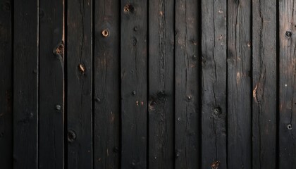 Fototapeta premium Dark charred wooden planks feature a rustic, aged texture with visible grain and knots. Vertical lines and patterns create a vintage timber surface, showing weathered natural wood detail.