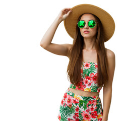 Stylish Woman Modeling Summer Look with Hat and Shades – Isolated on  Transparent Background PNG.