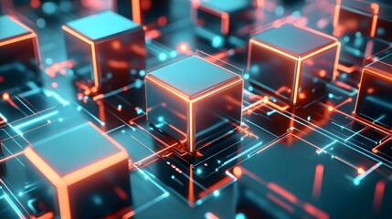 Abstract digital design featuring glowing cubes on a circuit board.