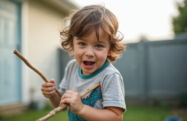 Expressive little boy playing outdoors with stick. Young child, toddler, with brown hair and blue eyes makes funny faces in backyard sunlight. Captures childhood innocence and active play.