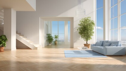 Fototapeta premium Light-filled, modern living room with panoramic windows.