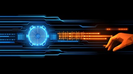 Digital interface with glowing hand interacting.