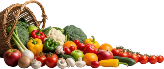Abundant assortment of fresh vegetables and fruits spilling from wicker basket isolate