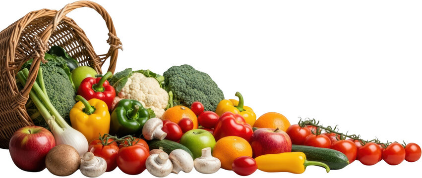 Abundant assortment of fresh vegetables and fruits spilling from wicker basket isolate - Powered by Adobe