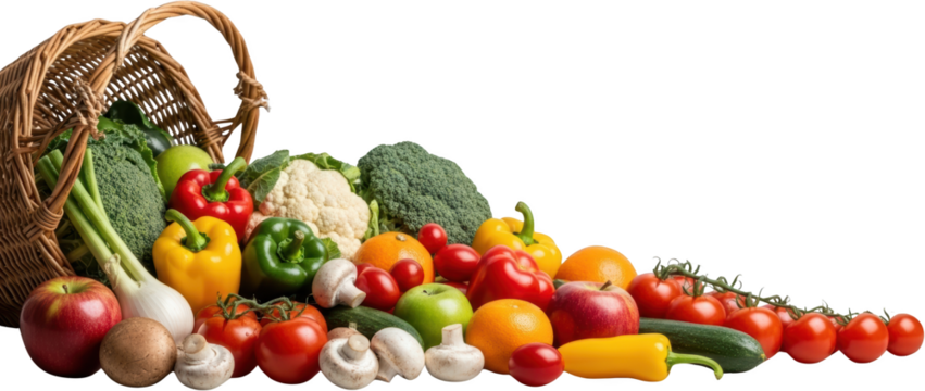 Abundant assortment of fresh vegetables and fruits spilling from wicker basket isolate