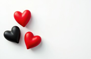 Three hearts, two red, one black, arranged on clean white background. Simple graphic conveys love, romance, affection. Great for Valentine Day expressing care, support with modern, playful design.