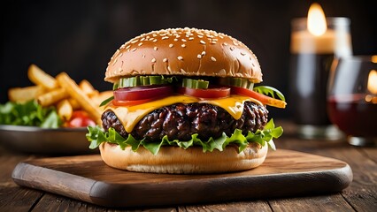 Delicious Burger with Fries A Mouthwatering Still Life of a Classic Meal on a Wooden Surface